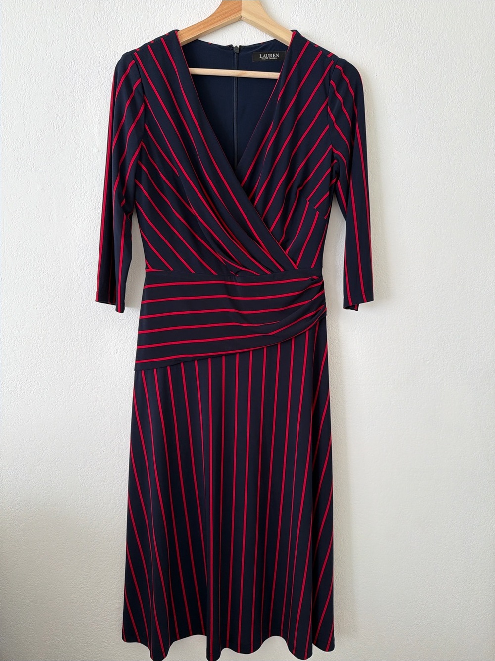 Ralph Lauren Navy Dress with Red Stripes Midi Wrap